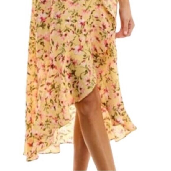 SOCIALITE DRESS XS YELLOW PINK RUFFLE PRINT WRAP MIDI ROMANCE FAIRYCORE SEXY - Picture 6 of 15
